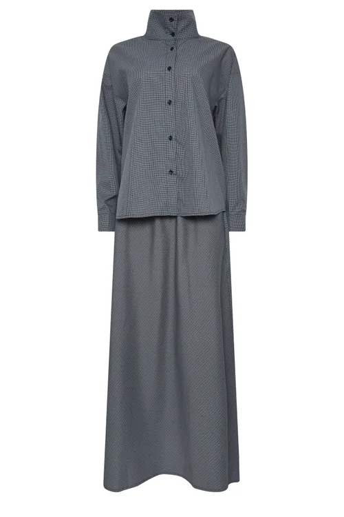 PixieGirl Petite Navy Blue Gingham Cotton Funnel Neck Shirt & Maxi Skirt - 16 Image 5