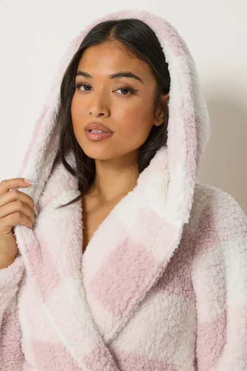 PixieGirl Petite Pink Check Print Hooded Dressing Gown - 10-12 Image 5