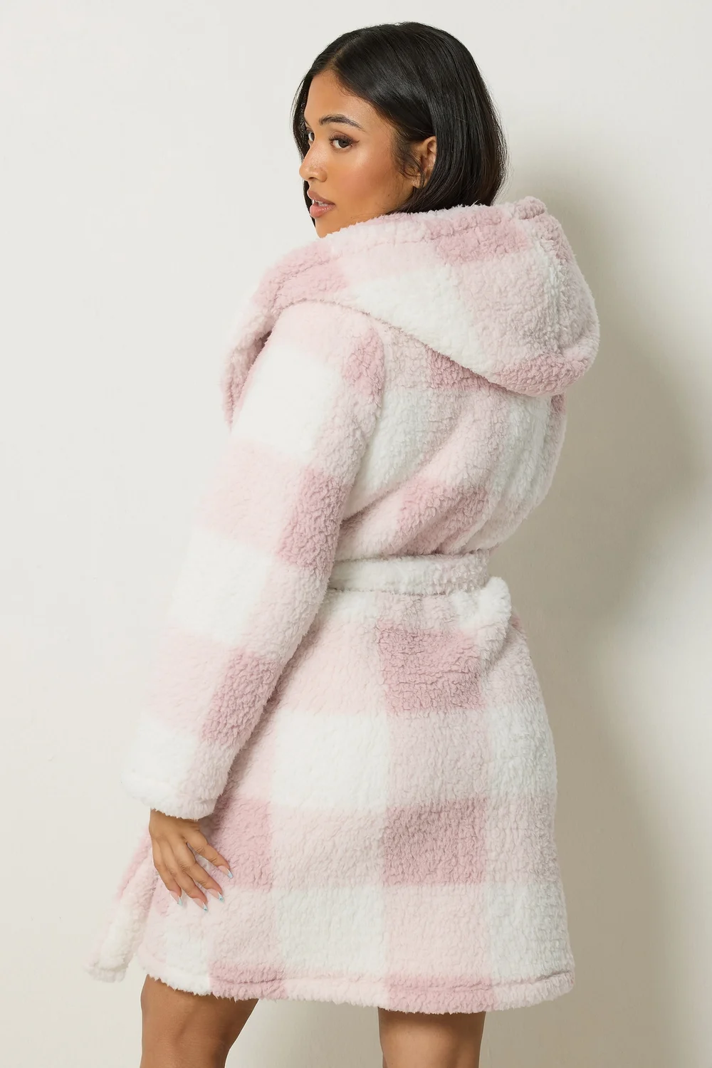 PixieGirl Petite Pink Check Print Hooded Dressing Gown - 10-12 Image 4