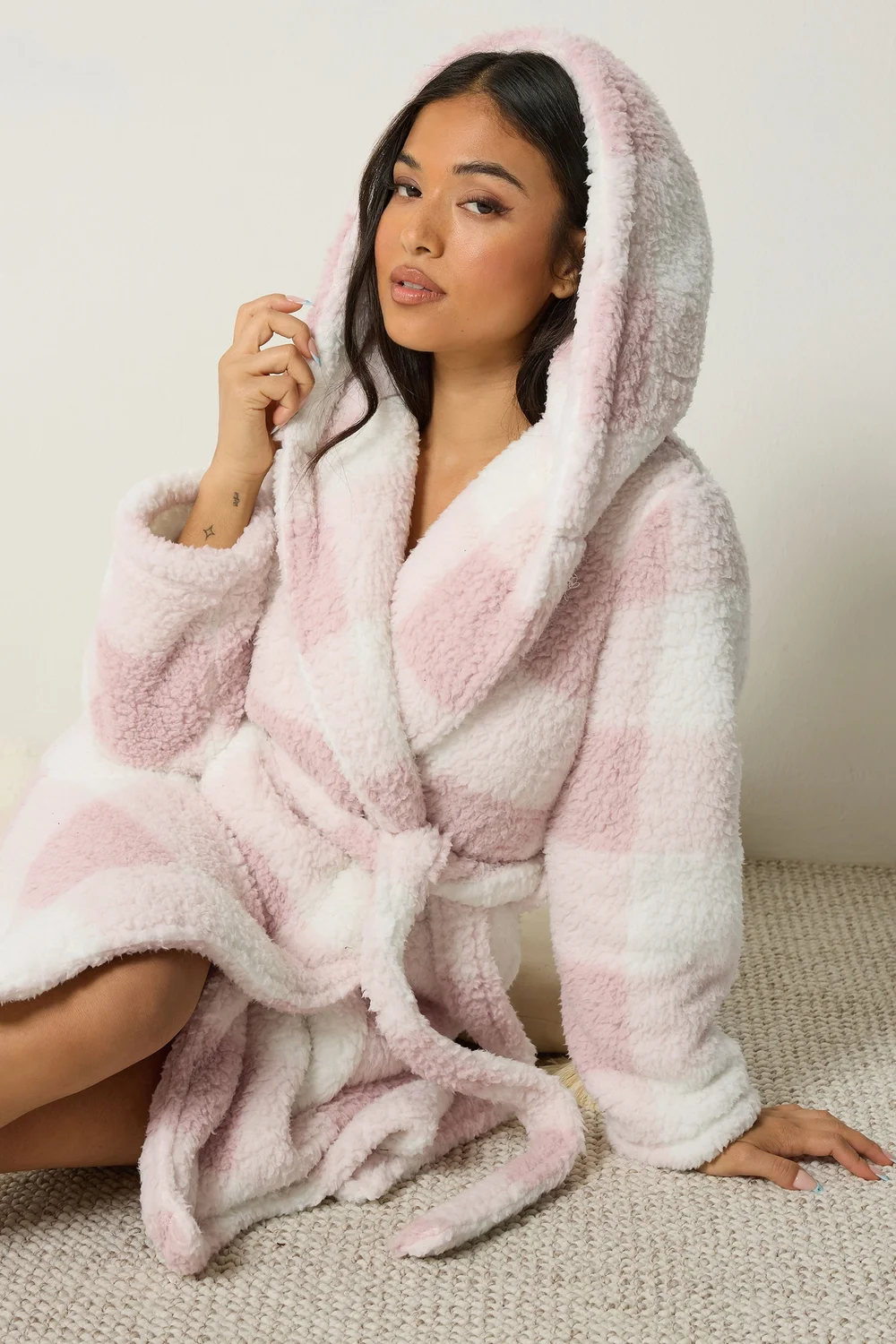 PixieGirl Petite Pink Check Print Hooded Dressing Gown - 10-12 Image 1