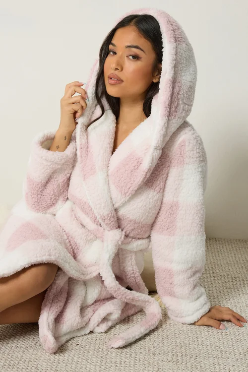 PixieGirl Petite Pink Check Print Hooded Dressing Gown - 10-12 Image 1