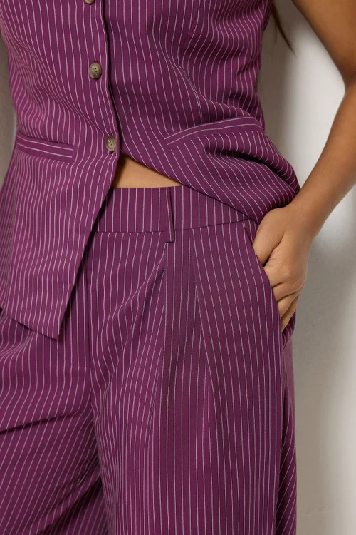 PixieGirl Petite Burgundy Red Pinstripe Pleated Wide Leg Trousers - 10 Image 4