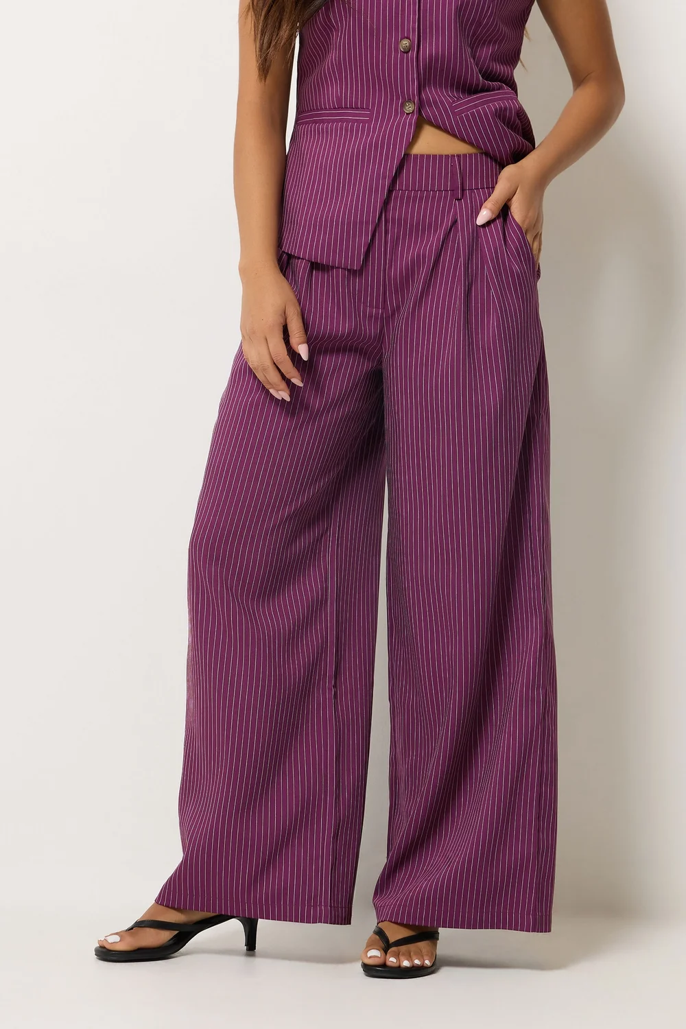 PixieGirl Petite Burgundy Red Pinstripe Pleated Wide Leg Trousers - 10 Image 1