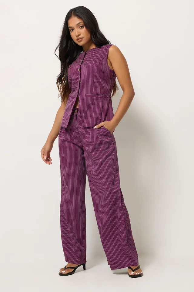 PixieGirl Petite Burgundy Red Pinstripe Pleated Wide Leg Trousers