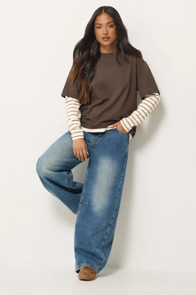 PixieGirl Petite Brown Oversized Stripe Long Sleeve T-Shirt