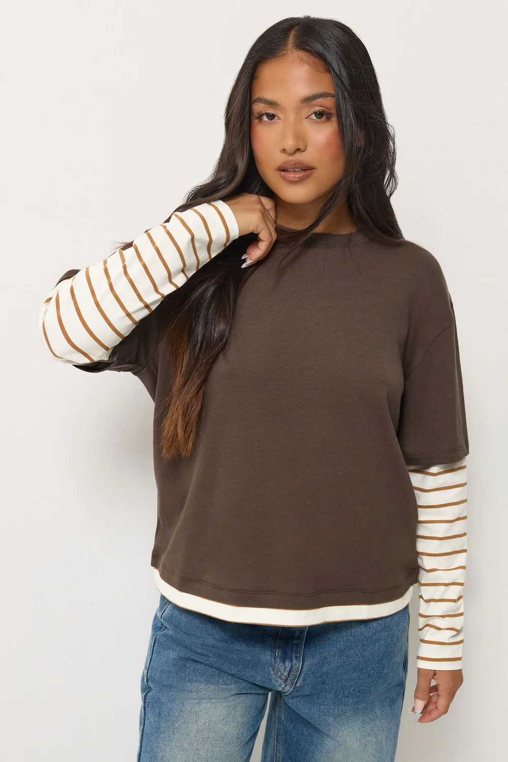 PixieGirl Petite Brown Oversized Stripe Long Sleeve T-Shirt - 8 Image 1