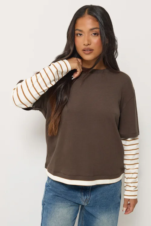 PixieGirl Petite Brown Oversized Stripe Long Sleeve T-Shirt - 8 Image 1