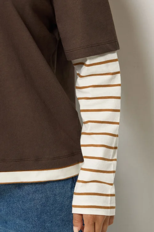 PixieGirl Petite Brown Oversized Stripe Long Sleeve T-Shirt - 8 Image 4