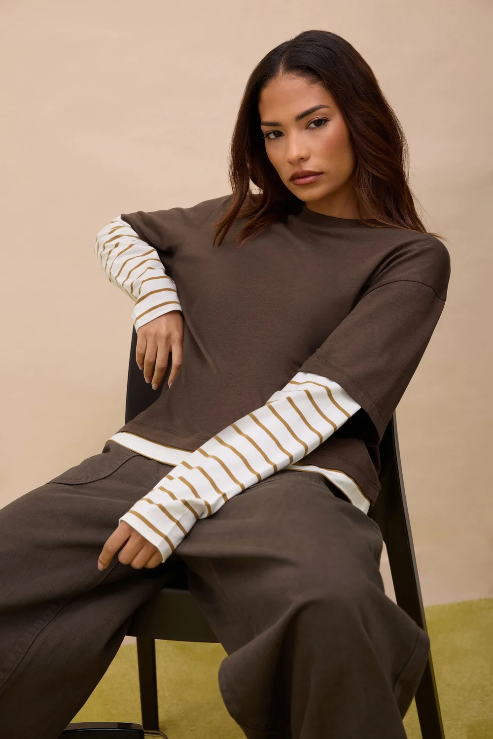 PixieGirl Petite Brown Oversized Stripe Long Sleeve T-Shirt - 8 Image 5
