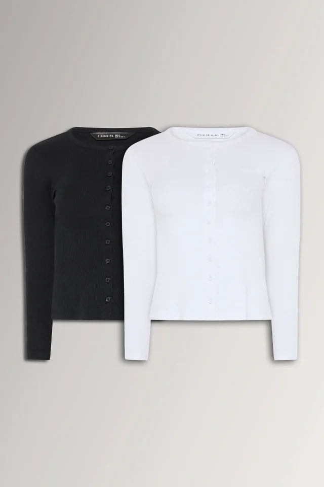PixieGirl Petite 2 Pack Black & White Ribbed Cotton Tops