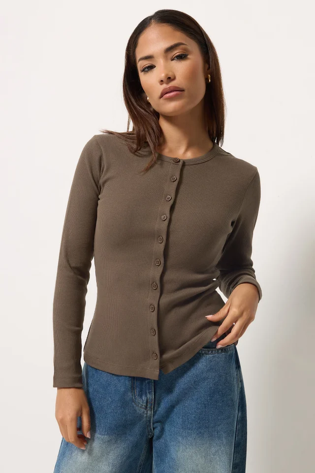 PixieGirl Petite 2 Pack Brown & Navy Ribbed Cotton Tops