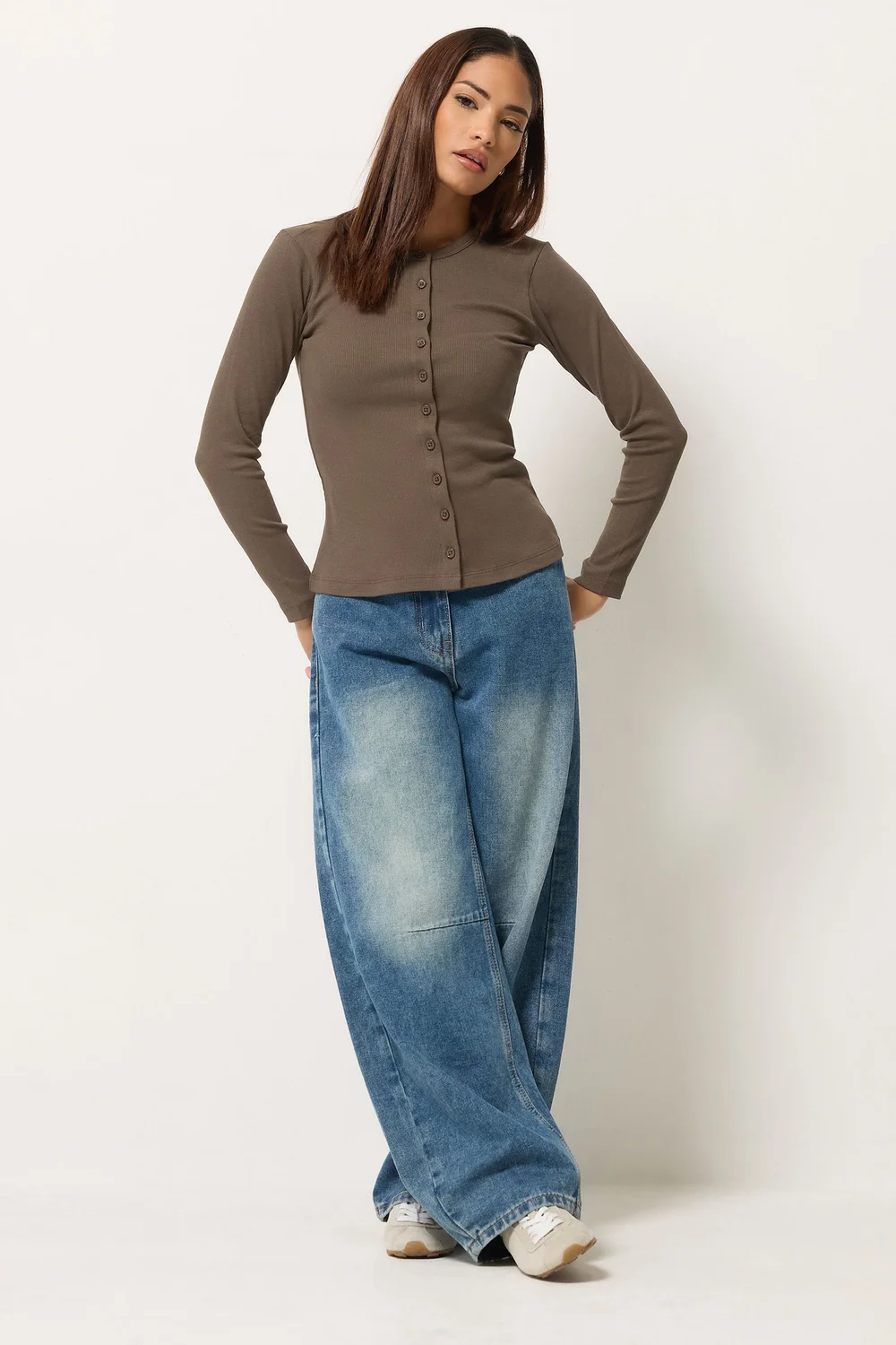 PixieGirl Petite 2 Pack Brown & Navy Ribbed Cotton Tops - 6 Image 3