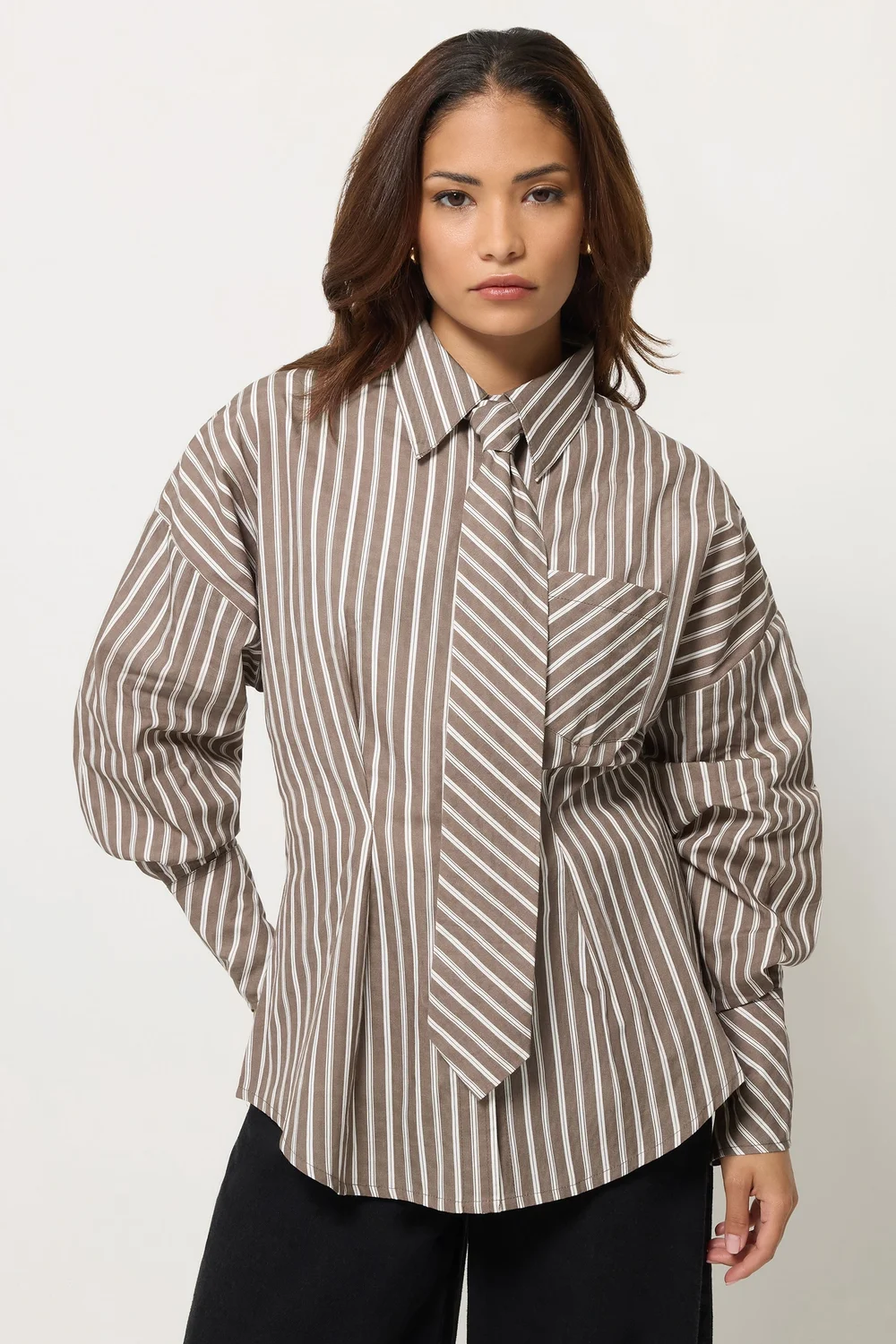 PixieGirl Petite Brown Stripe Tie Shirt - 6 Image 1