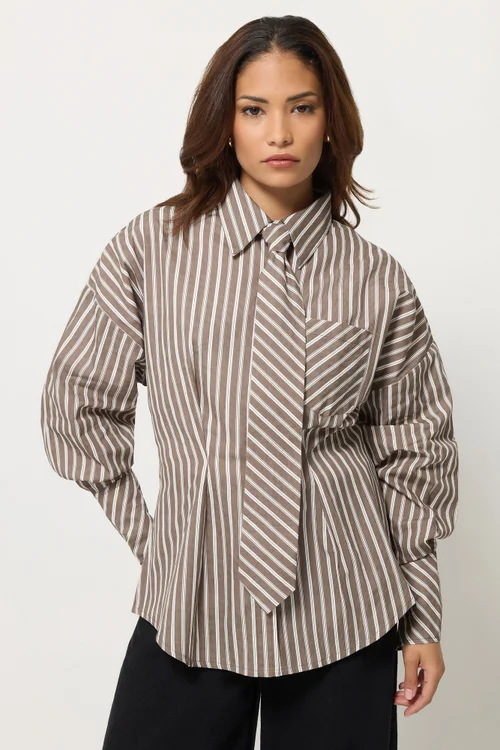 PixieGirl Petite Brown Stripe Tie Shirt - 6 Image 1