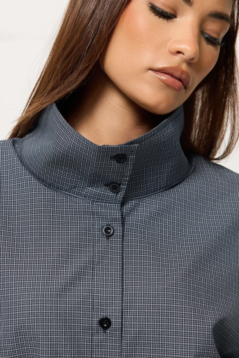 PixieGirl Petite Navy Blue Gingham Cotton Funnel Neck Shirt - 10 Image 4