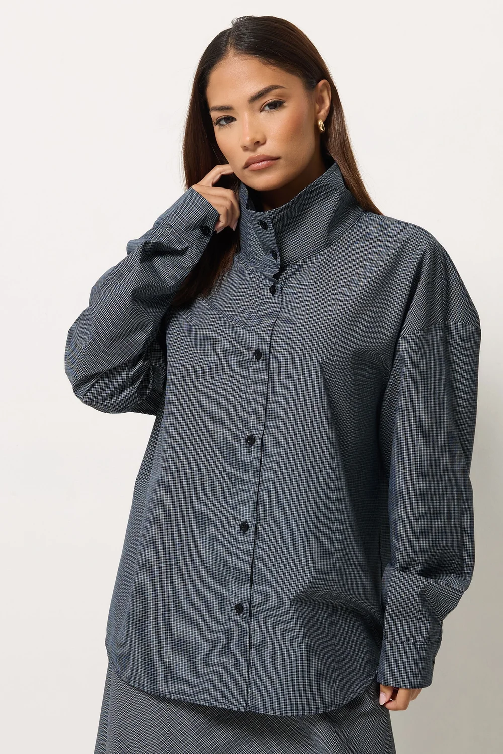 PixieGirl Petite Navy Blue Gingham Cotton Funnel Neck Shirt - 10 Image 1