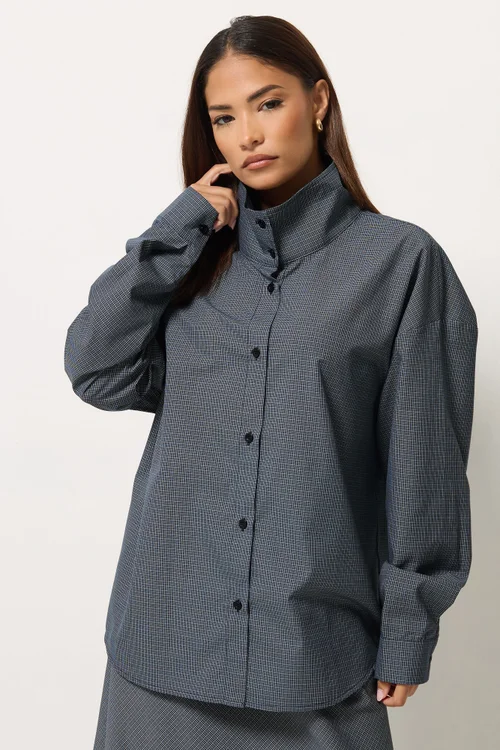 PixieGirl Petite Navy Blue Gingham Cotton Funnel Neck Shirt - 10 Image 1