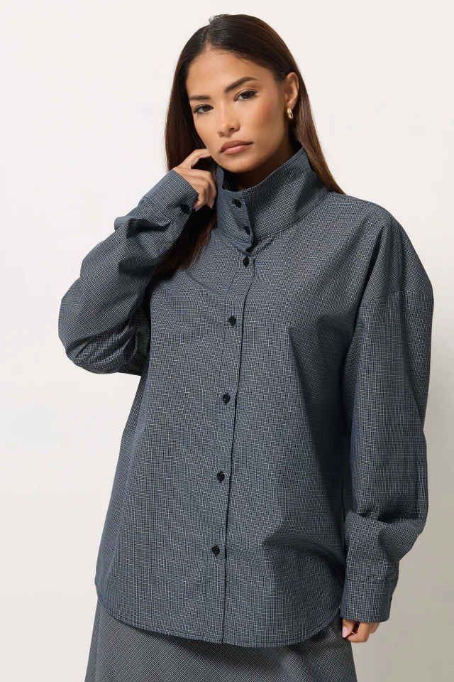 PixieGirl Petite Navy Blue Gingham Cotton Funnel Neck Shirt