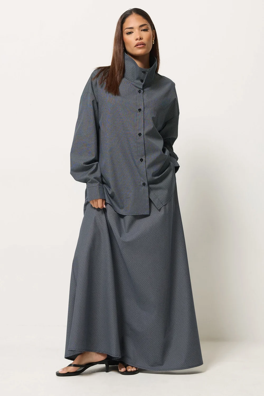 PixieGirl Petite Navy Blue Gingham Cotton Funnel Neck Shirt - 10 Image 2