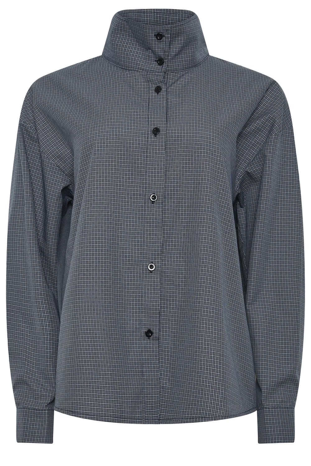 PixieGirl Petite Navy Blue Gingham Cotton Funnel Neck Shirt - 10 Image 5