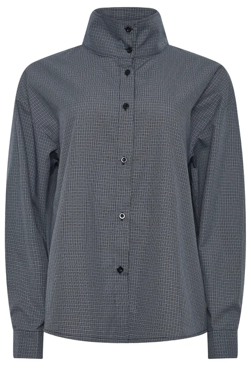 PixieGirl Petite Navy Blue Gingham Cotton Funnel Neck Shirt - 10 Image 5