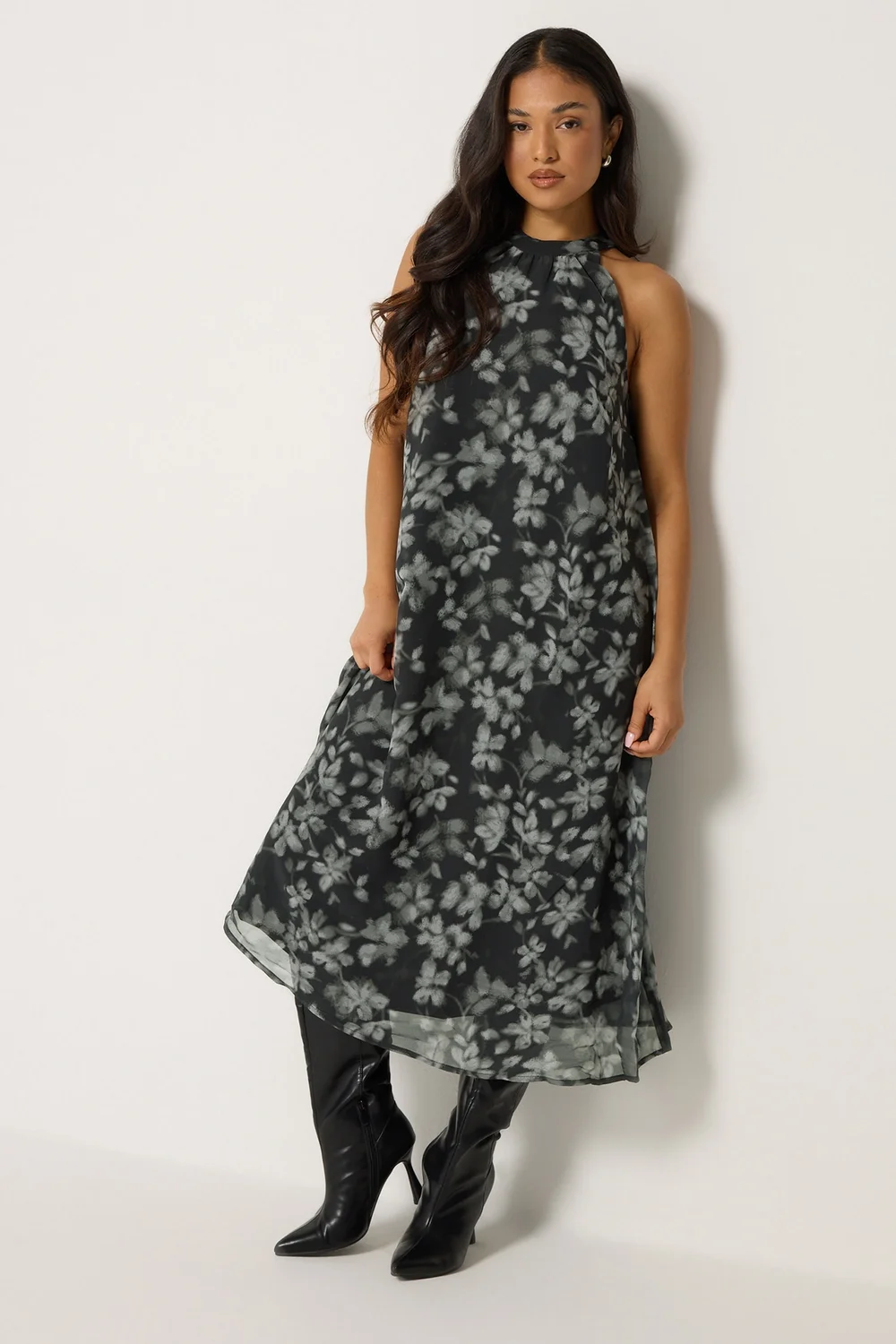 PixieGirl Petite Black Floral Halter Midi Dress - 10 Image 1