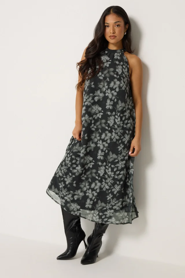 PixieGirl Petite Black Floral Halter Midi Dress