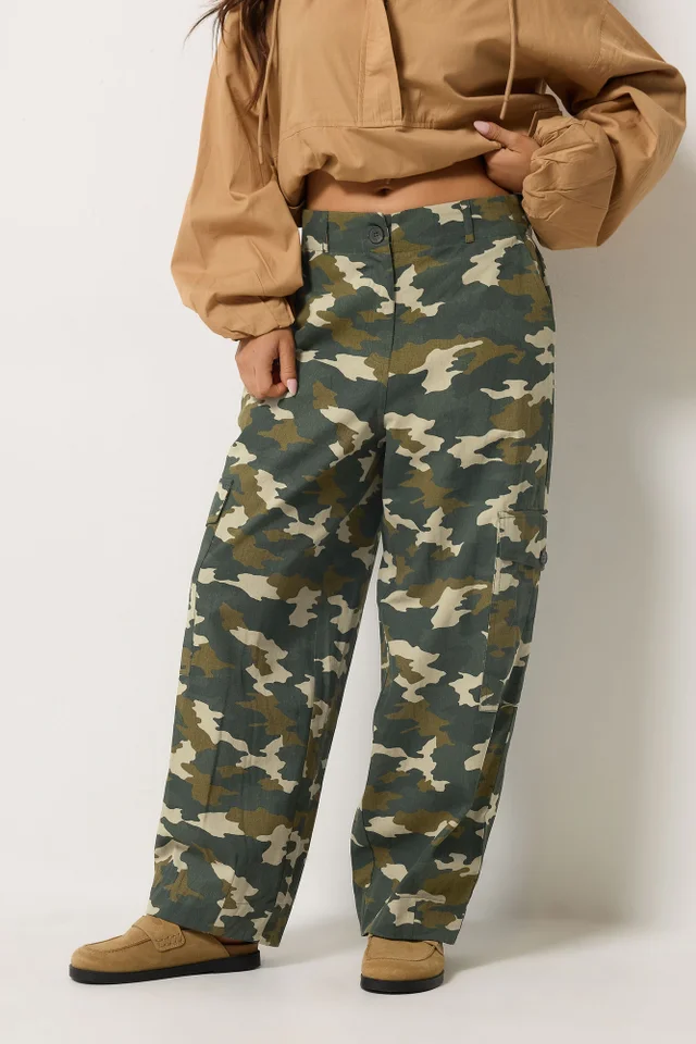 PixieGirl Petite Khaki Green Twill Camo Cargo Trousers