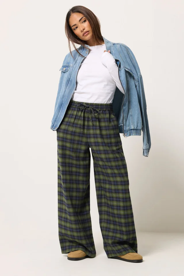 PixieGirl Petite Green Brushed Check Wide Leg Trousers