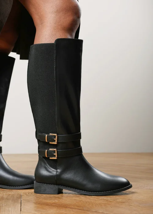 Where's That From Elaris Black Double Buckle Detail Stretch Elastic Knee High Riding Boots - 5 Image 1
