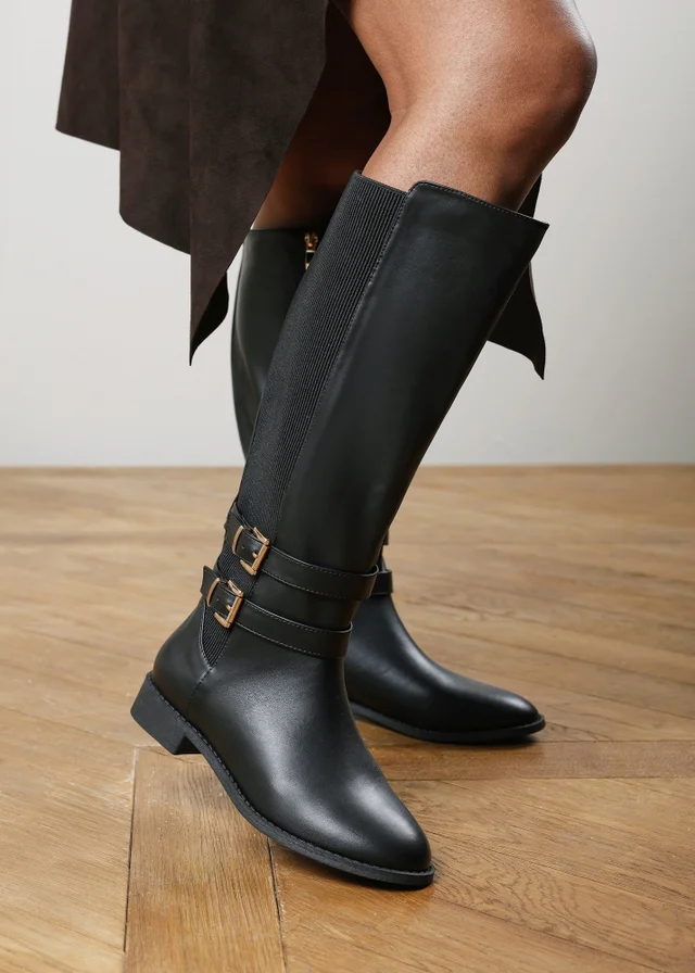 Where's That From Elaris Black Wide Fit Double Buckle Detail Stretch Elastic Knee High Riding Boots