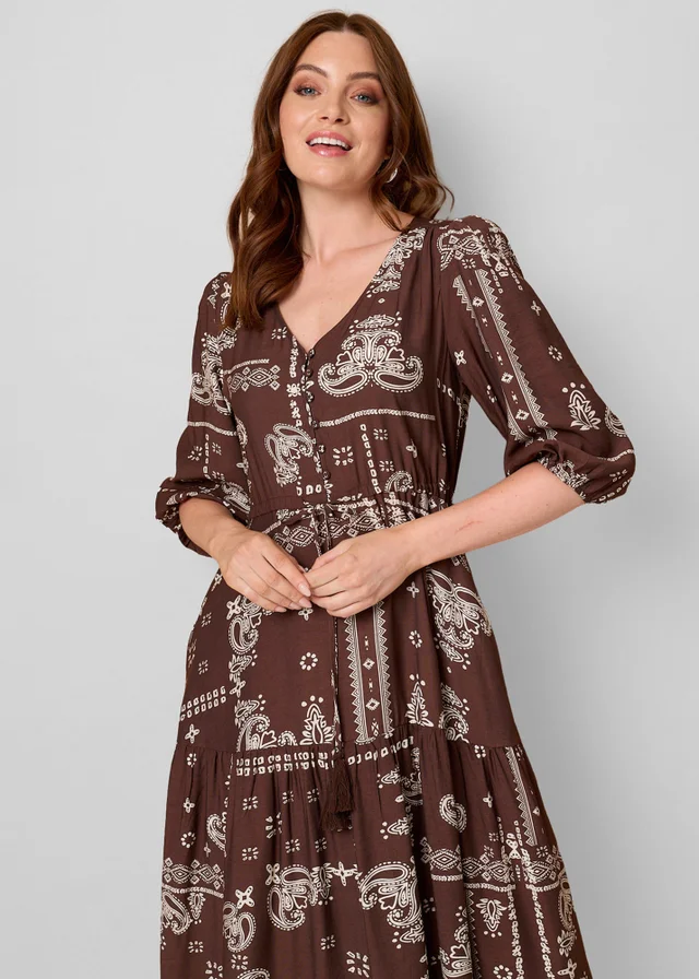 Izabel London Chocolate Printed 3/4 Sleeve Tie Maxi Dress