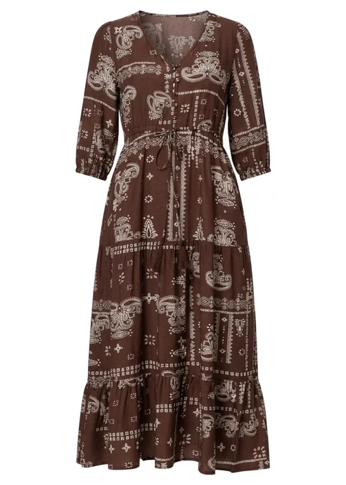 Izabel London Chocolate Printed 3/4 Sleeve Tie Maxi Dress - 18 Image 5