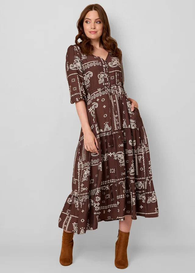 Izabel London Chocolate Printed 3/4 Sleeve Tie Maxi Dress