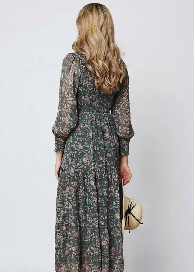 Izabel London Sage Ditsy Floral Long Sleeve Midi Dress