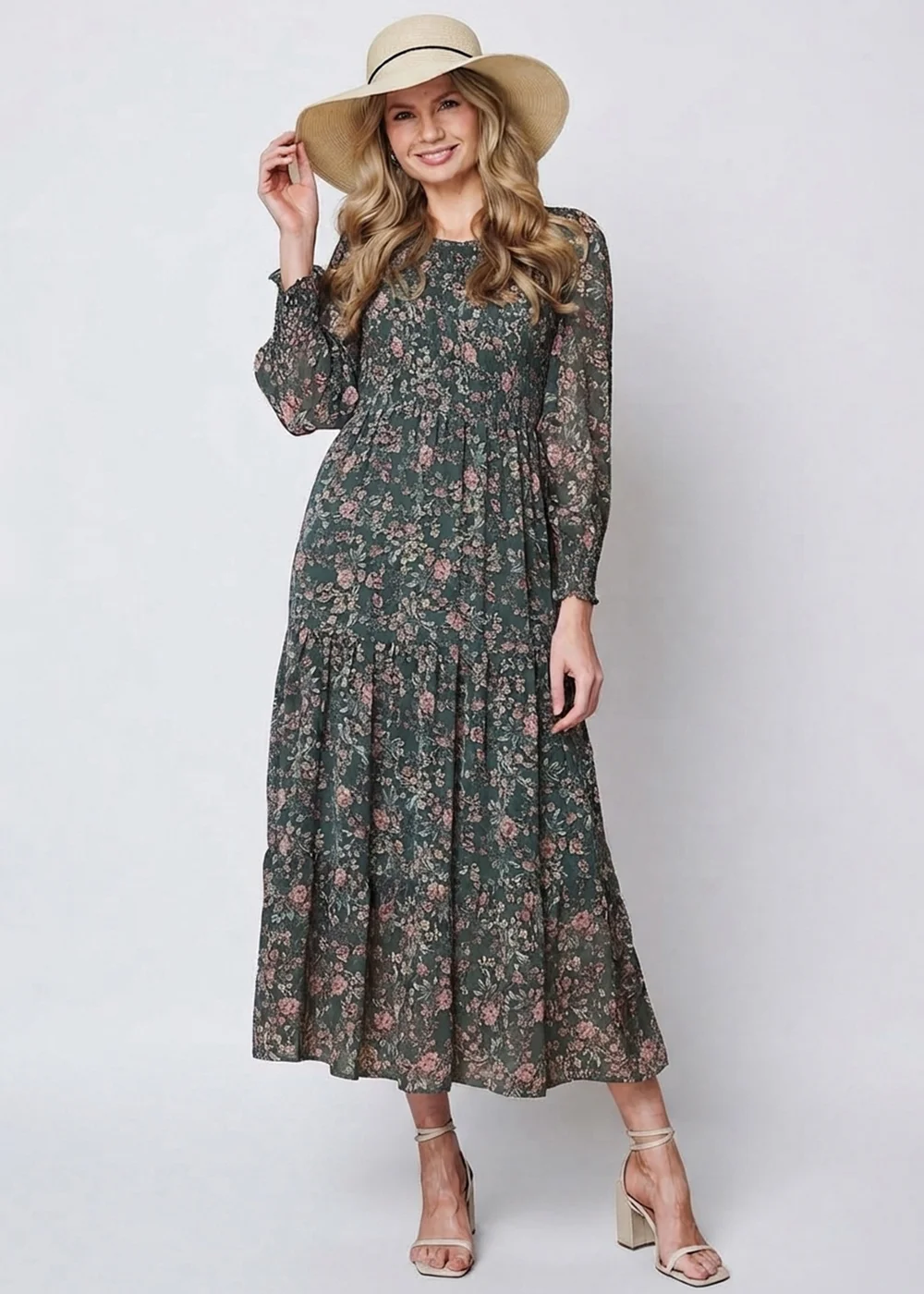 Izabel London Sage Ditsy Floral Long Sleeve Midi Dress - 8 Image 1