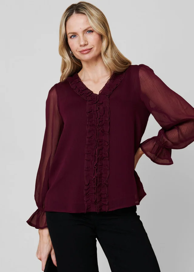 Izabel London Purple Semi Sheer Balloon Sleeve Frilled Blouse