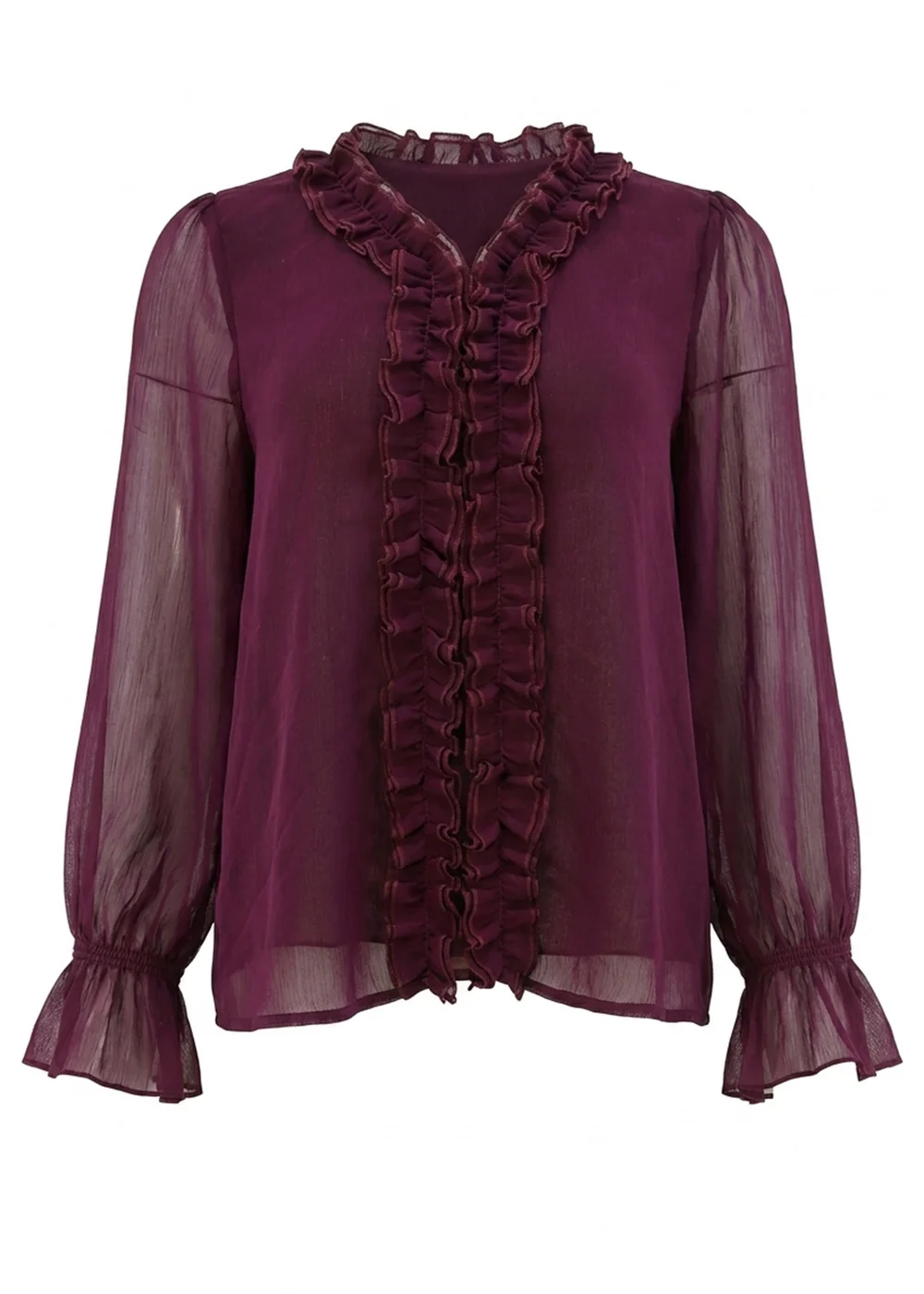 Izabel London Purple Semi Sheer Balloon Sleeve Frilled Blouse - 16 Image 5