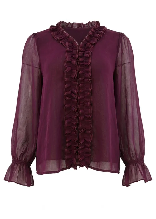 Izabel London Purple Semi Sheer Balloon Sleeve Frilled Blouse - 16 Image 5
