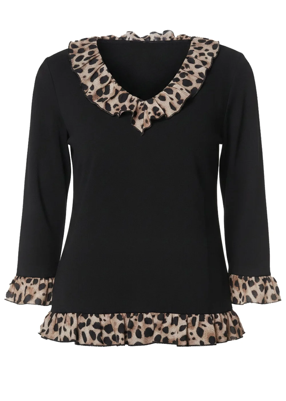 Izabel London Black Animal Print Frill Trim 3/4 Sleeve Top - 10 Image 5