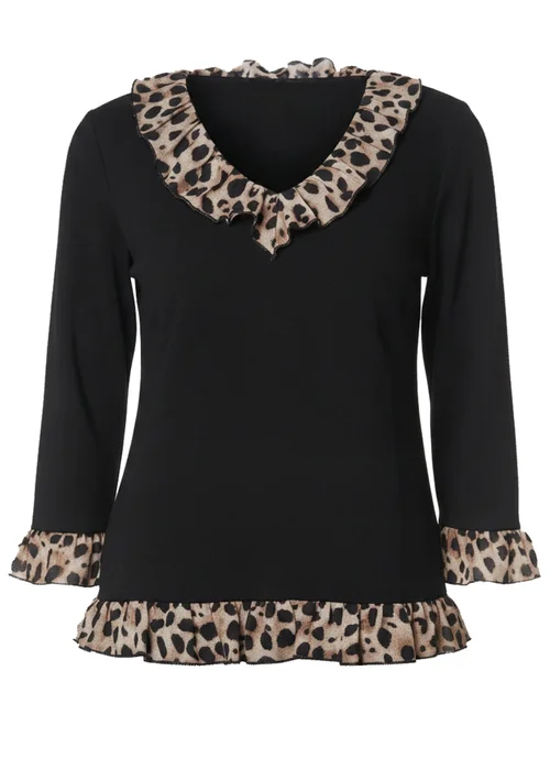 Izabel London Black Animal Print Frill Trim 3/4 Sleeve Top - 10 Image 5