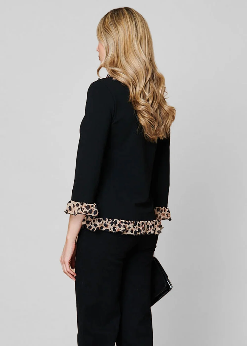 Izabel London Black Animal Print Frill Trim 3/4 Sleeve Top - 10 Image 2