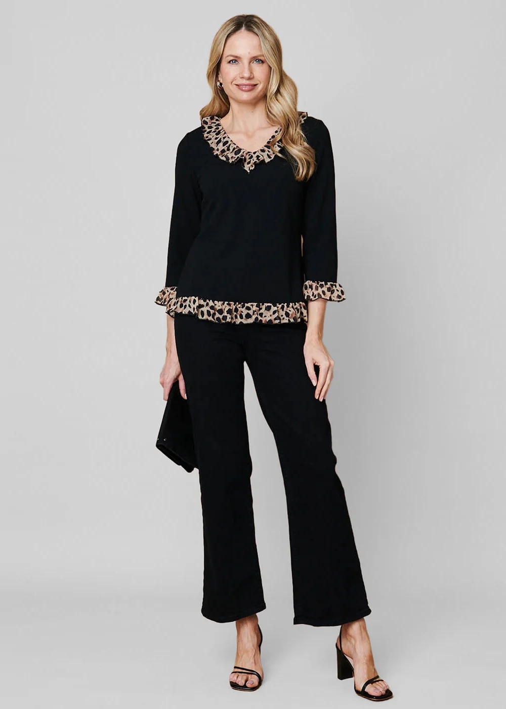 Izabel London Black Animal Print Frill Trim 3/4 Sleeve Top - 10 Image 4