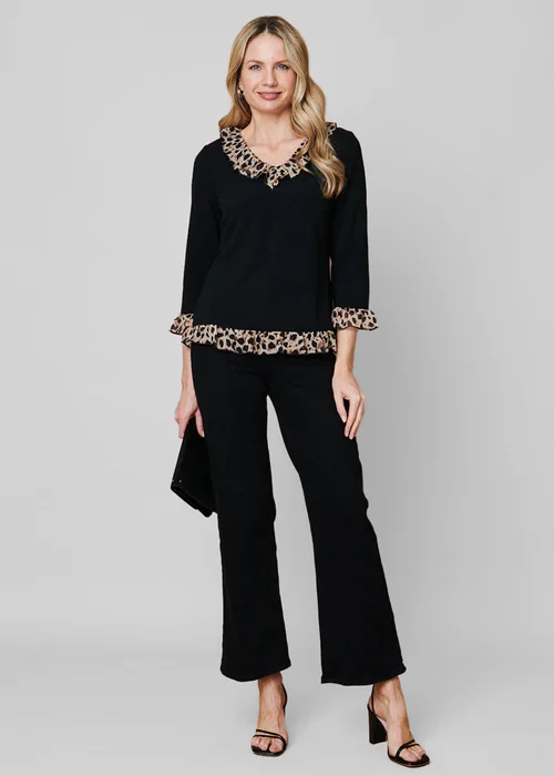 Izabel London Black Animal Print Frill Trim 3/4 Sleeve Top - 10 Image 4