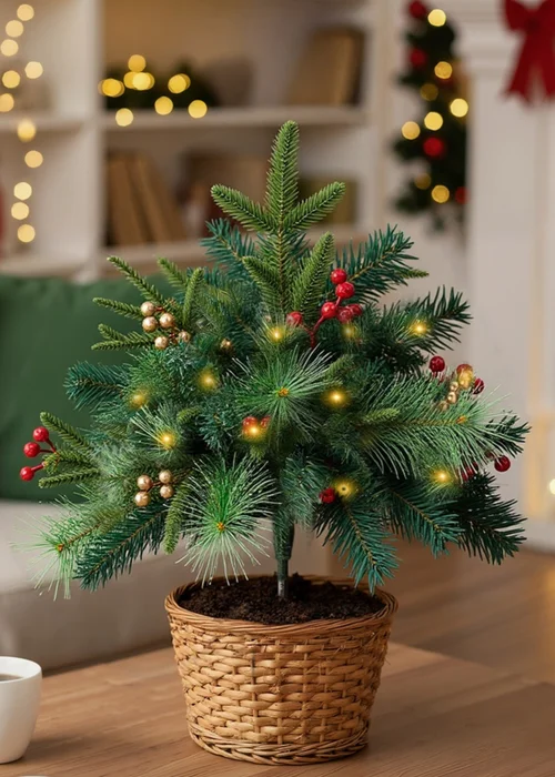 Lifeideas Green Artificial Christmas Tree Urn Filler Decoration with String Lights - Double Image 1