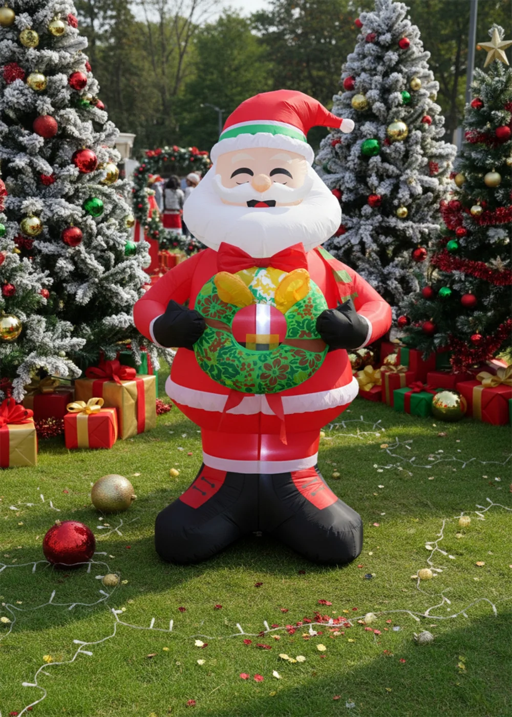 Lifeideas Red Lighted Christmas Inflatable Model Santa Holding Wreath Decoration 2.4M - One Size Image 1