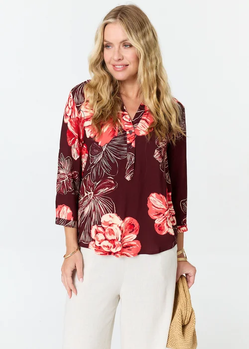 Izabel London Berry Floral V-Neck 3/4 Sleeve Relaxed Blouse - 14 Image 1