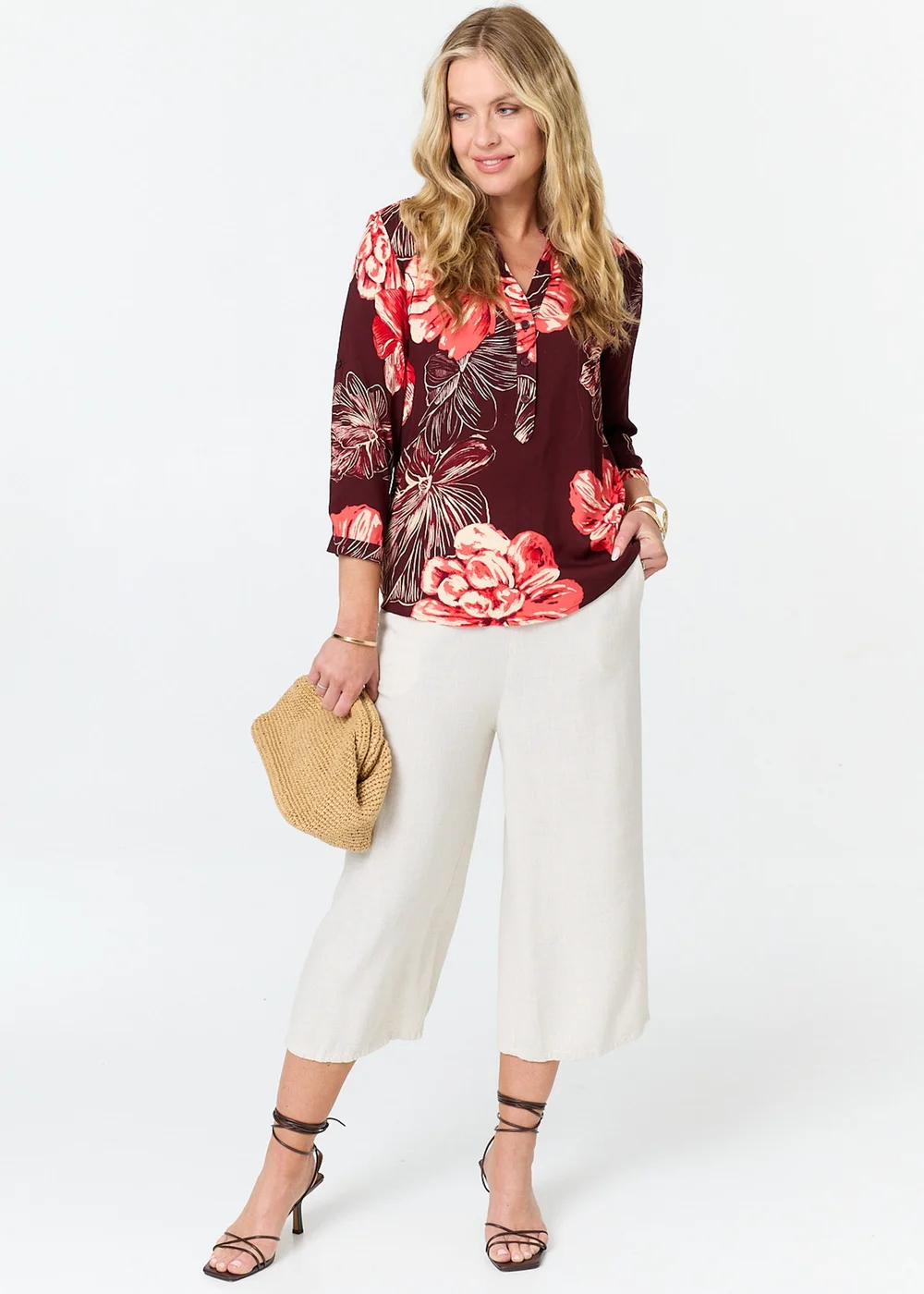 Izabel London Berry Floral V-Neck 3/4 Sleeve Relaxed Blouse - 14 Image 4