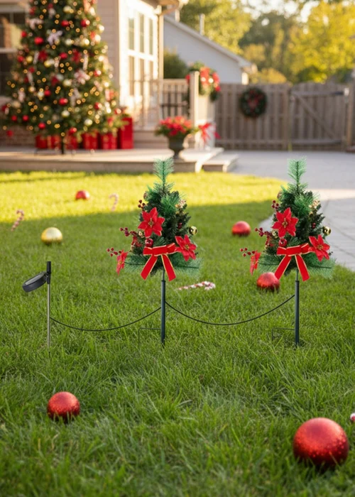 Lifeideas Green 2 Pcs Artificial Christmas Tree Urn Filler Planter Decorations with Lights - One Size Image 1