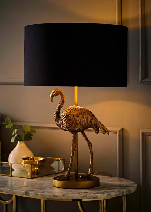 ValueLights Flo Flamingo Table Lamp with Black & Gold Inner Shade and Warm White Bulb - One Size Image 1